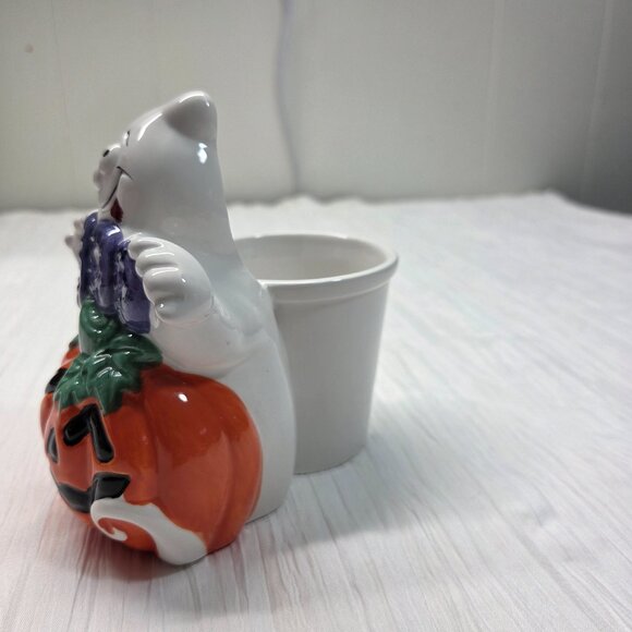 Whole Home White Orange Boo Ceramic Ghost Tealight Holder with Tealight - Picture 3 of 9